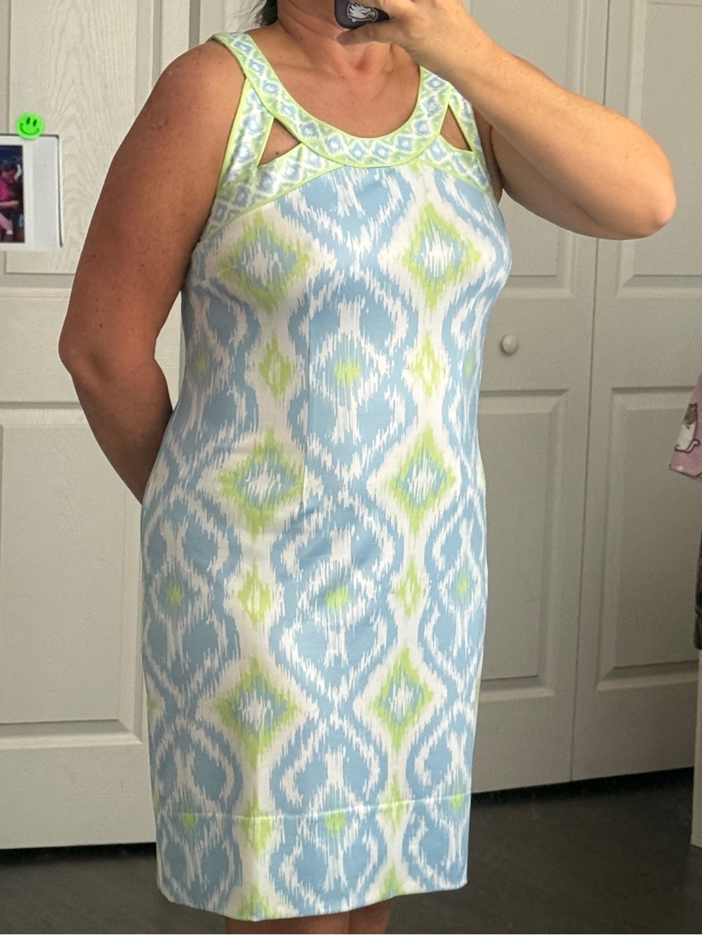 Gretchen Scott Blue & Green Ikat Print Shift Dress – Size L